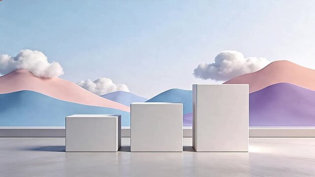 Three white cubes on a colorful landscape