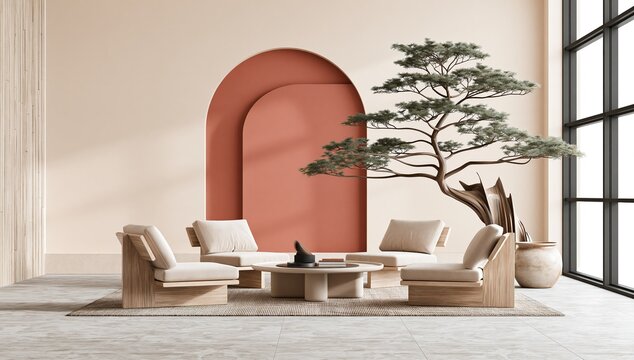 Modern minimalist living room with arched terracotta window, tree