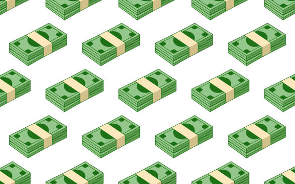 Seamless pattern with stacks of green money bills isolated on white background