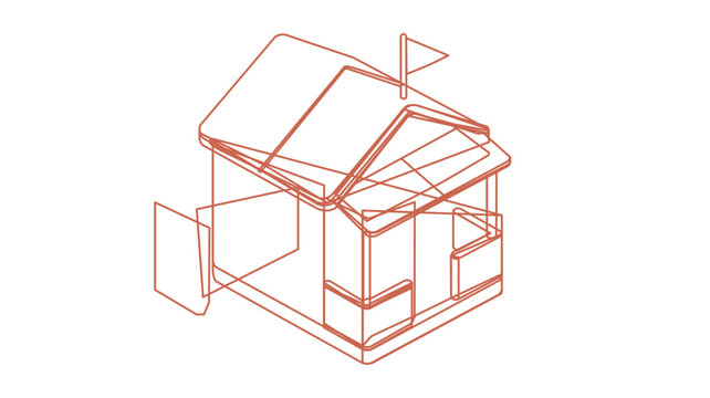 Isometric beach hut vector illustration in thin coral outline, coastal cabin with pitched roof, awning and flag on white background, minimalist seaside kiosk icon for travel maps and summer graphics
