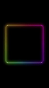 Abstract gradient neon square frame on black background, vibrant rainbow color LED sign for design, animated multicolored laser light spectrum loop presentation, empty futuristic glowing line