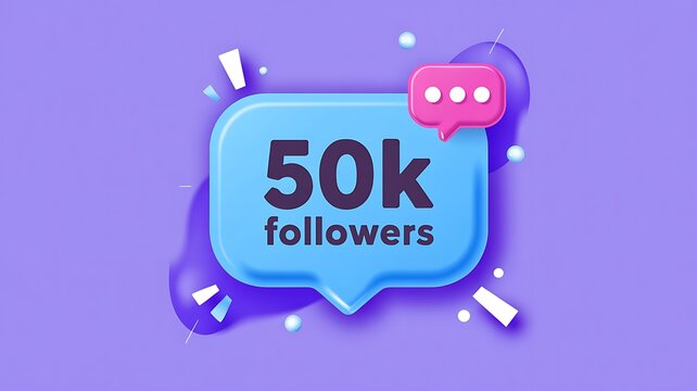 Social media follower badge, 50k followers icon, purple background, celebration design