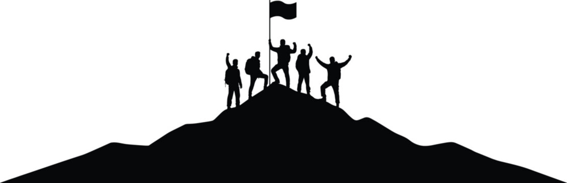 Silhouette of people celebrating on a mountain peak with a flag summit