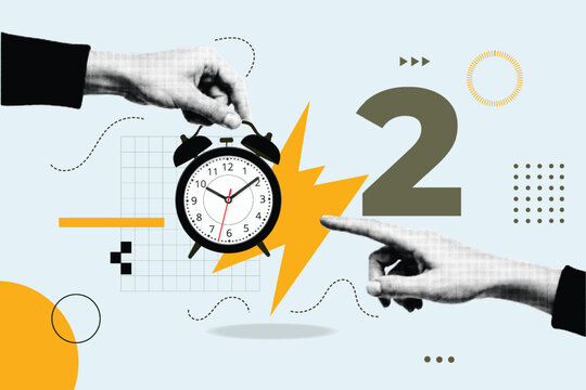 Halftone pop art collage with an alarm clock and pointing hands. Time management, productivity, and deadline concept. Retro comic style