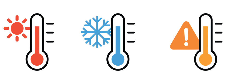 Thermometer icons featuring hot sun, cold snowflake, and warning sign for heatwave, freezing weather, temperature monitoring, and hazard notification