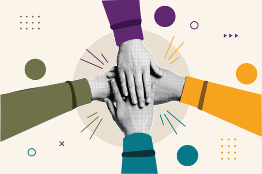 Halftone pop art collage with stacked teamwork hands. Collaboration, partnership, and unity concept. Retro comic style