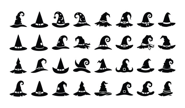 Witch hat silhouette collection, 32 magic wizard hat icons set, black halloween headwear vector elements for spooky party invitations and occult designs