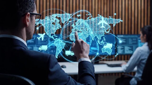 Global logistic and transportation network distribution for import export trade. Businessman touching a world map with plane and truck delivery routes. International freight shipping and supply chain