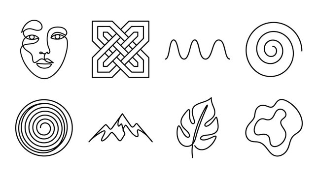 Continuous line art vector set with minimalist abstract shapes, human face, geometric patterns, wavy lines, and nature elements for modern graphic design
