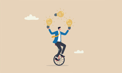 Creativity,The a solid pale beige or cream color, with two smal innovation or skill to success in business, skillful businessman riding unicycle juggling lightbulb lamp metaphor of plenty ideas © Nazma