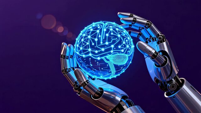 Robot hands holding digital brain