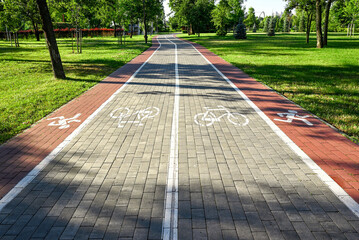 Bicycle lane with road markings in a green city park. Paved cycling route surrounded by trees, grass and open urban landscape. © Yuliia