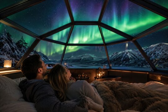 Romantische Silvesternacht in einem Glas-Iglu in Norwegen: Ein Paar liegt gem&uuml;tlich im Bett und beobachtet durch das Panoramadach leuchtende Nordlichter &uuml;ber der Winterlandschaft.