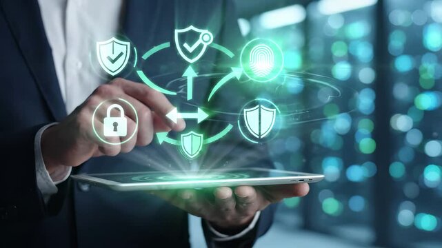 Cybersecurity and data protection network with a businessman using a tablet in a server datacenter. Digital security technology with encryption, biometric fingerprint authentication, shield defense