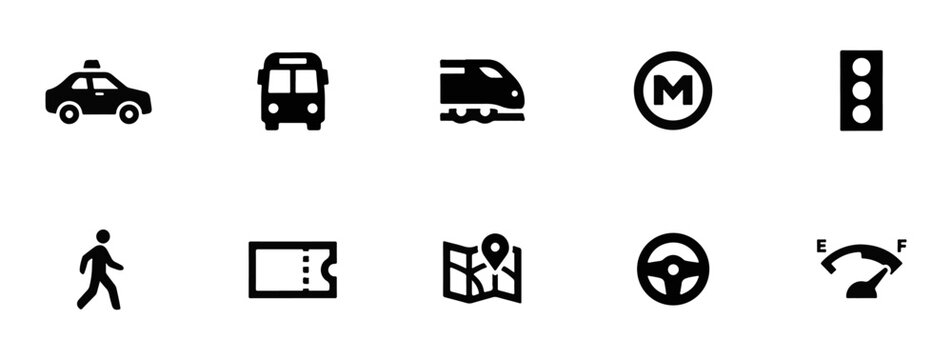 Transportation and public transit icon set with transportation pedestrian navigation direction location steering speedometer movement