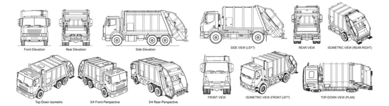 Garbage Truck Technical Drawing Set With Front, Rear, Side Elevations and Isometric Views