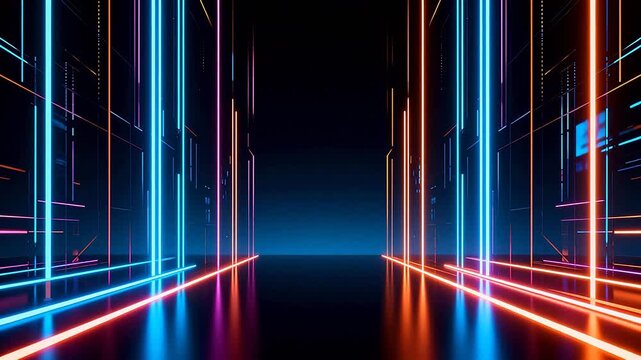 Neon light corridor in dark space