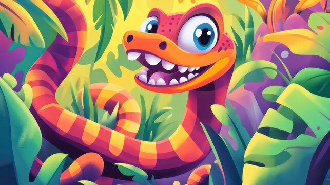 Cartoon happy snake in vibrant jungle foliage.