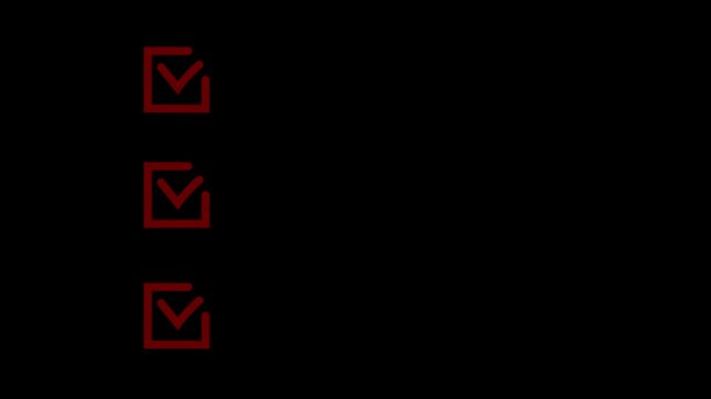Animated red checkmark checklist on black background, minimalist task list motion for business productivity and project management presentations. 4k video