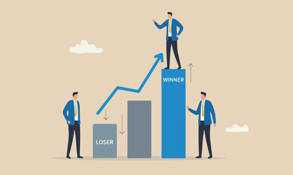Business competition between company profit or employee, winner and loser in contest, achievement concept, business people compete on performance graph with one winner
