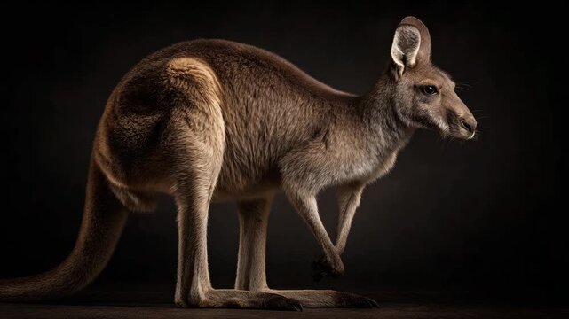 Kangaroo walking upright across a deep black background soft studio lighting defining muscular legs fur texture sharp focus realistic wildlife composition