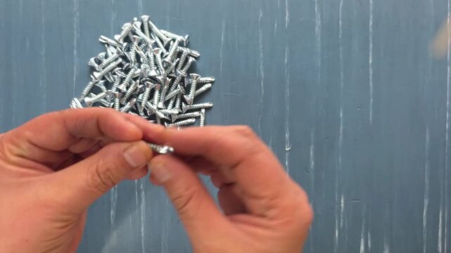 A person showing a self-drilling screw, a wood screw, and a self-piercing bugle-head screw&mdash;types commonly used in wood.
