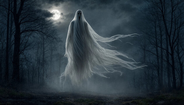 Ethereal ghost figure floating in dark spooky forest at night