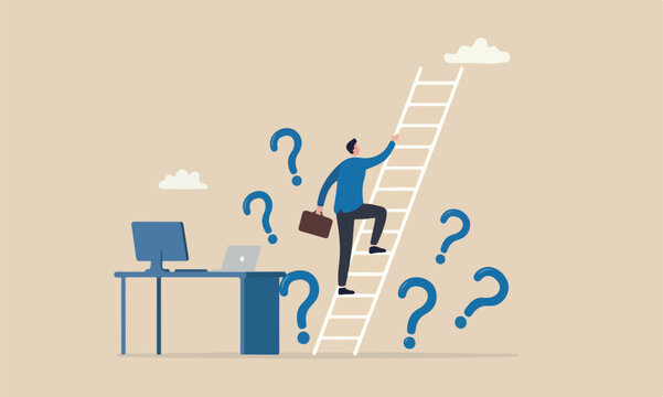 Career path or promote, occupation or ladder of success, growth step or progress to achieve goal, challenge and ambition concept, businessman climb up ladder from his working desk to higher level