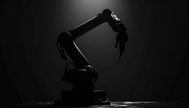 Industrial robotic arm silhouette in a dark environment with dramatic spotlight and copy space for text on black background