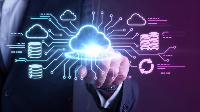 Cloud computing network with data storage and server database connection. Digital technology for business information transfer, online backup and secure internet service. Modern system.