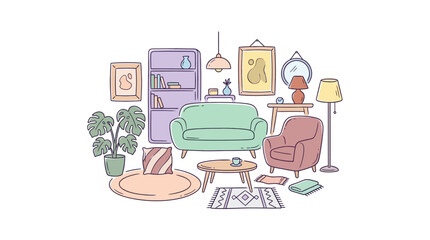 Fototapeta premium Hand drawn doodle illustration of a cozy living room interior set.