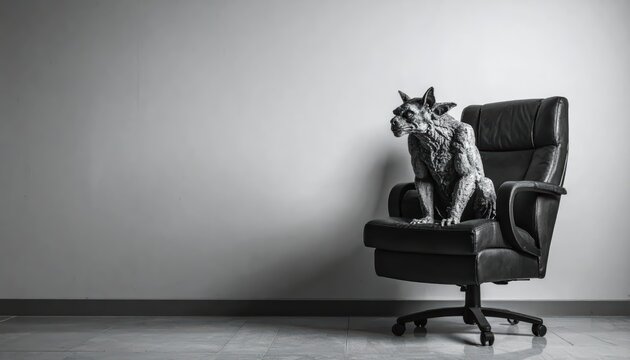 Stone Gargoyle Sitting on a Black Leather Office Chair with Ample Copy Space Against a White Wall