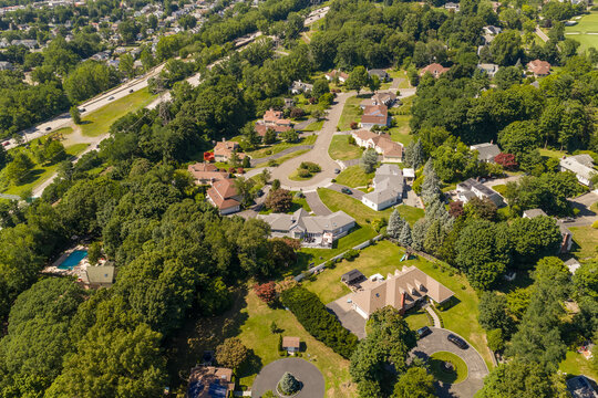 Suburban neighborhood aerial view showing residential cul de sac