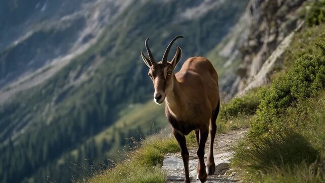 Low angle close shot of a chamois walking across a narrow mountain path surrounded by steep slopes fresh daylight sharp detail dynamic angle and serene alpine environment