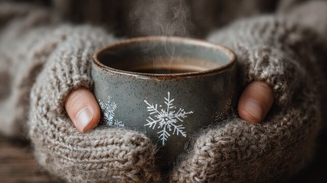 Woman in cozy knitwear holds steaming cup with snowflake design on a cold day.