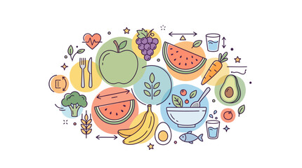 Fototapeta premium Healthy eating and lifestyle concept illustration with various fresh food icons.