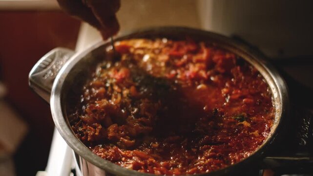 Traditional Ukrainian borscht soup with fresh dill in a metal pot cooking close up