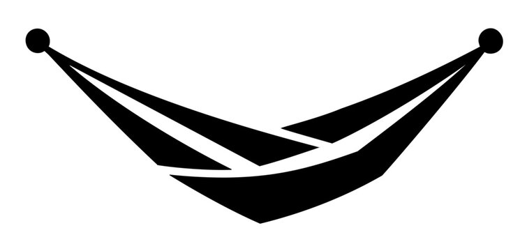 Bold hammock vector icon, black minimalist hanging lounge illustration with sweeping cloth shape for beach relaxation, tropical vacation rest, resort signage, camping themes, and leisure graphics