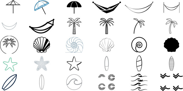 Beach And Ocean 5 vector icon set bundle with 30 minimalist coastal symbols: hammocks, palms, shells, umbrellas, starfish, surfboards, and waves for summer travel, resort branding, EPS collection