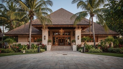 Fototapeta premium Modern Tropical House With Palm Trees in Sunny Location