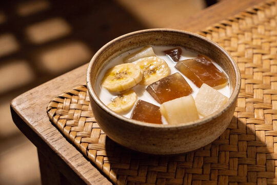 Traditional Indonesian sweet dessert kolak campur with banana and cassava in a rustic bowl on woven mat