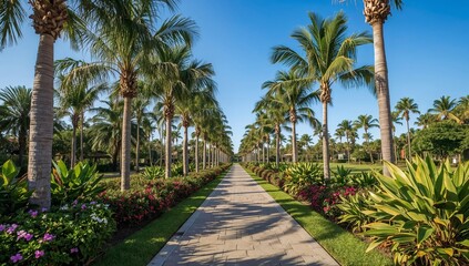 Fototapeta premium Palm Trees Line a Walkway in a Garden Under a Blue Sky With Few Clouds in the Daytime