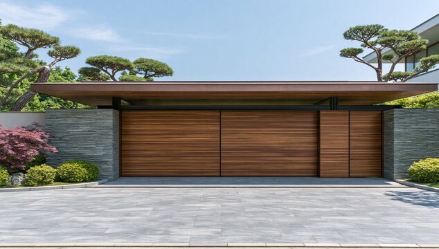 Modern wooden garage door with landscaped trees and stone walls