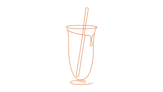 Delicate orange outline vector icon of a chilled drink cup with slim straw and dripping rim, minimalist illustration on white background for summer beverages, cafe menus, refreshment graphics
