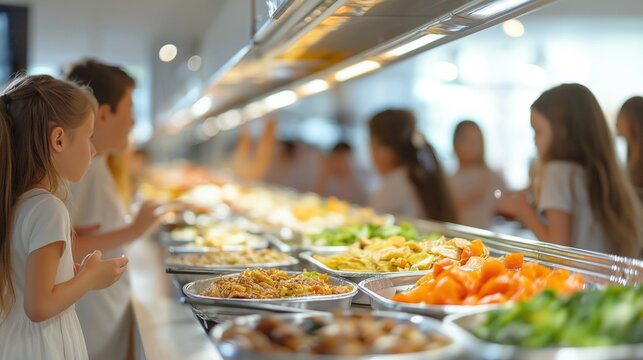 Children in white clothing stand at a cafeteria buffet line with trays of food, selecting meals under a serving counter in a bright indoor school dining area.