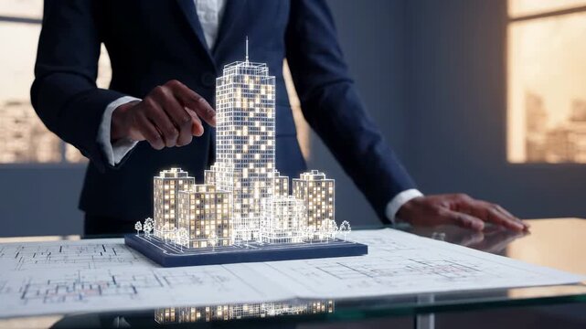 Architect analyzes a city model above blueprints on a desk. Real estate development, urban planning and construction engineering with modern technology. Property investment and design innovation
