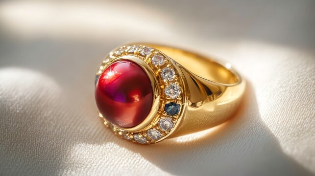 Close-up of a gold ring with a large red gemstone and smaller diamonds and sapphires, on a light fabric background.