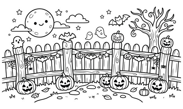 Cute cartoon pumpkins and a moon in a garden with a fence, jack o lantern