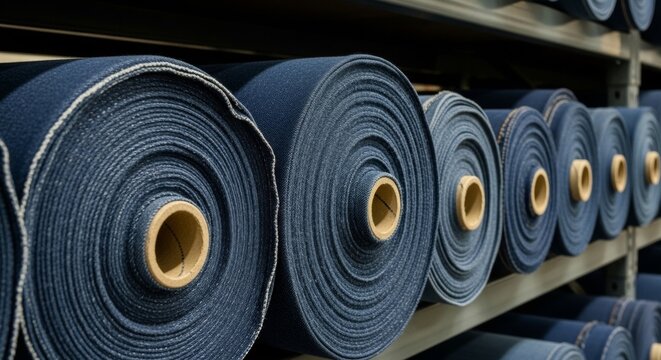 Indigo denim fabric rolls neatly stacked on warehouse shelves, showcasing textile manufacturing and industrial organization