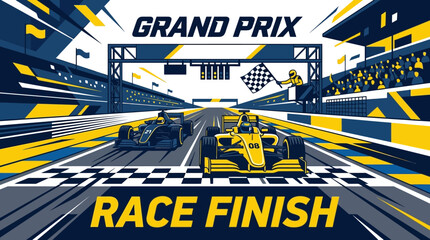 Obraz premium Grand Prix Finish Line Victory With Championship Cars And Cheering Crowd